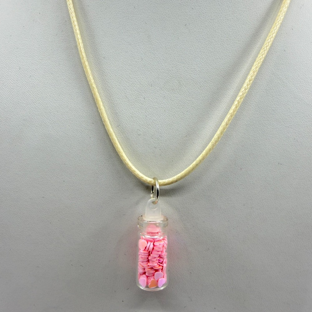 Pink Heart Confetti Glass Bottle Pendant Necklace Boho Festival Gift Layering